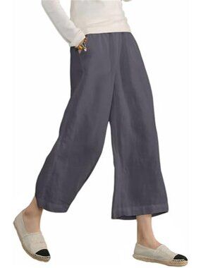 Womens Cotton Gauze Wide Leg Pants High Waisted Lounge Beach Pants Pockets
